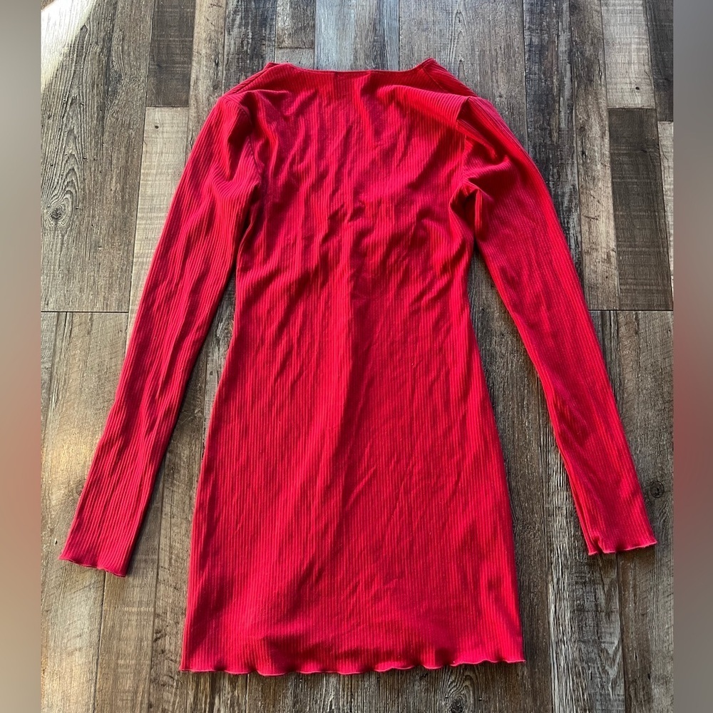 Reformation Jeans Jennie Ribbed Long Sleeve Lettuce Hem Mini Dress Red Medium - Picture 6 of 6